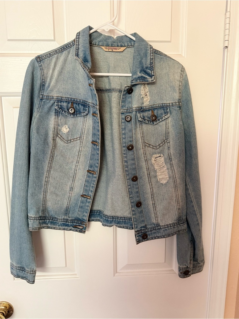 Light Blue Distressed Denim Jacket - Women's Casual Trucker